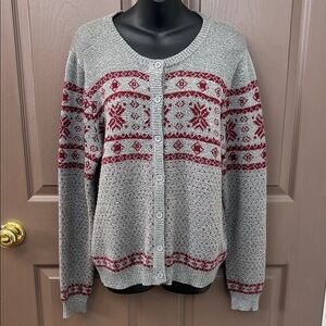 Great Northwest Clothing Company Red and Grey Snowflake Cardigan Large